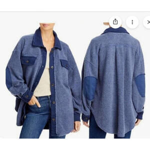 Free People sz S‎ Ruby Jacket navy blue fleece pockets button down cotton #3293